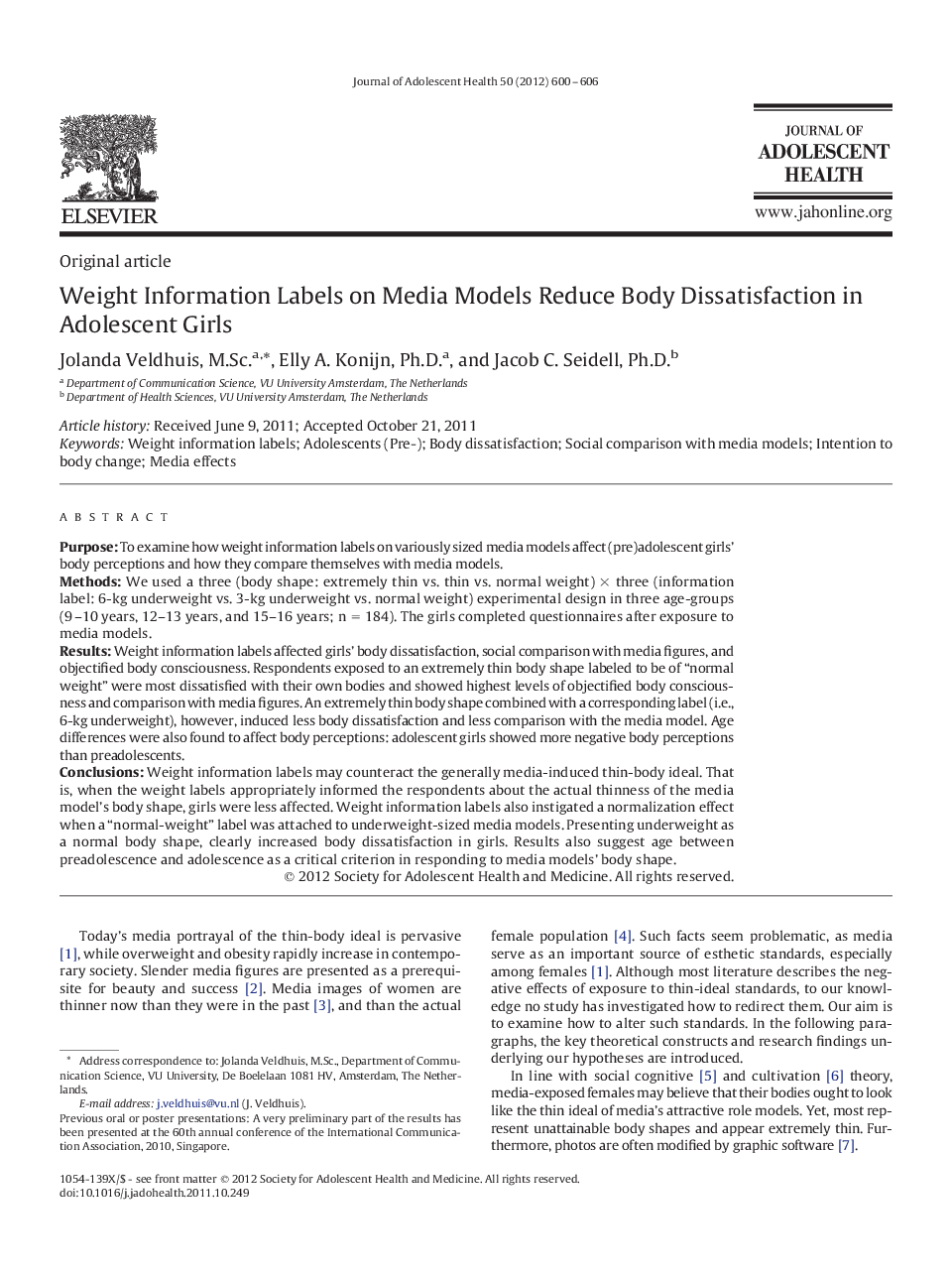 Weight Information Labels on Media Models Reduce Body Dissatisfaction in Adolescent Girls