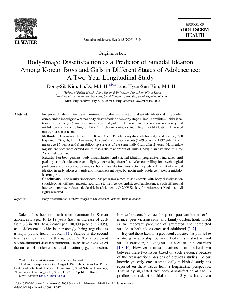 Body-Image Dissatisfaction as a Predictor of Suicidal Ideation Among Korean Boys and Girls in Different Stages of Adolescence: A Two-Year Longitudinal Study 