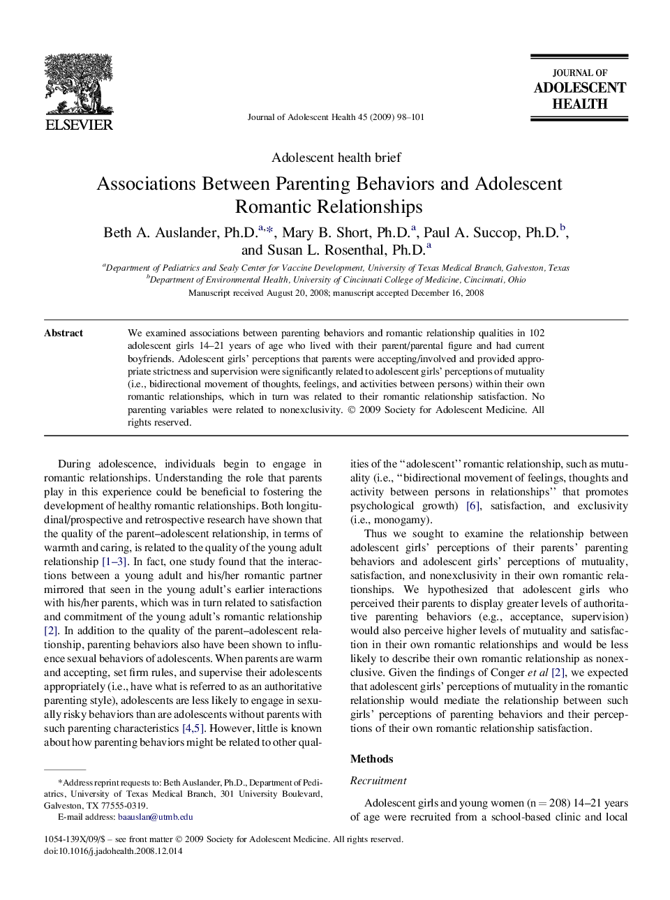Associations Between Parenting Behaviors and Adolescent Romantic Relationships