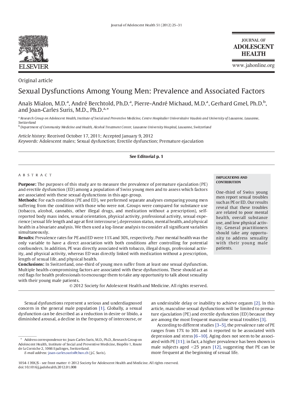 Sexual Dysfunctions Among Young Men: Prevalence and Associated Factors