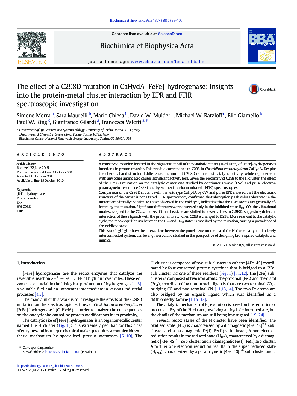 The effect of a C298D mutation in CaHydA [FeFe]-hydrogenase: Insights into the protein-metal cluster interaction by EPR and FTIR spectroscopic investigation