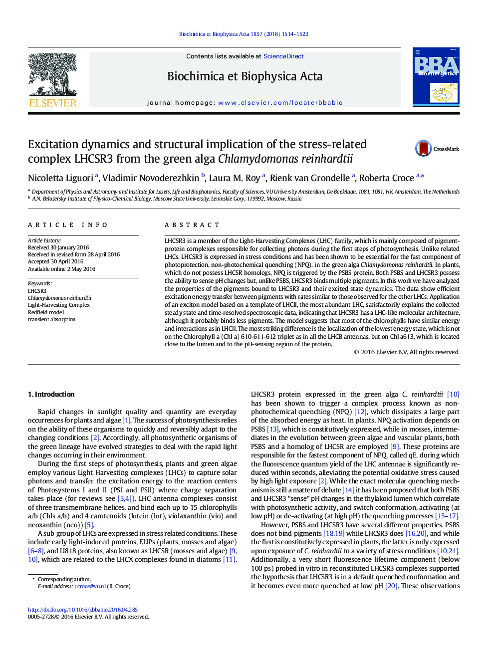 Excitation dynamics and structural implication of the stress-related complex LHCSR3 from the green alga Chlamydomonas reinhardtii