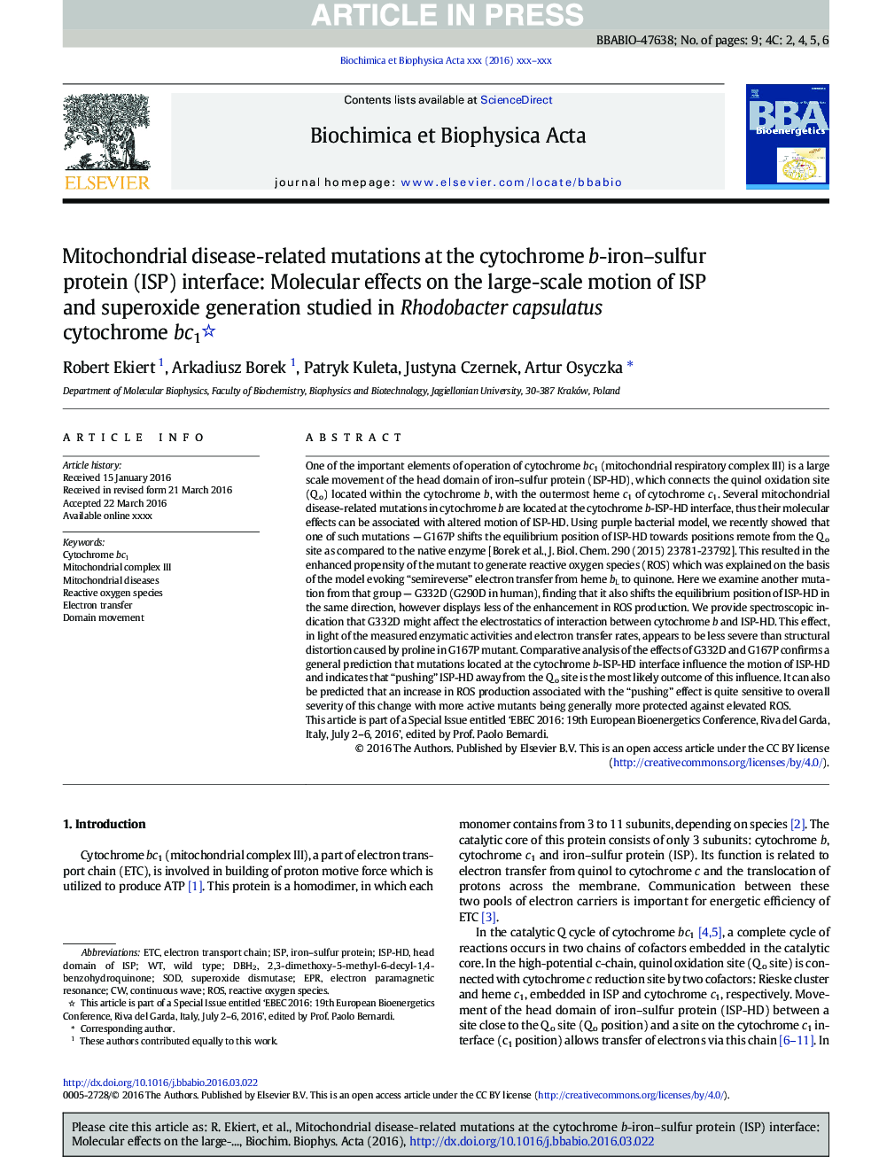 Mitochondrial disease-related mutations at the cytochrome b-iron-sulfur protein (ISP) interface: Molecular effects on the large-scale motion of ISP and superoxide generation studied in Rhodobacter capsulatus cytochrome bc1