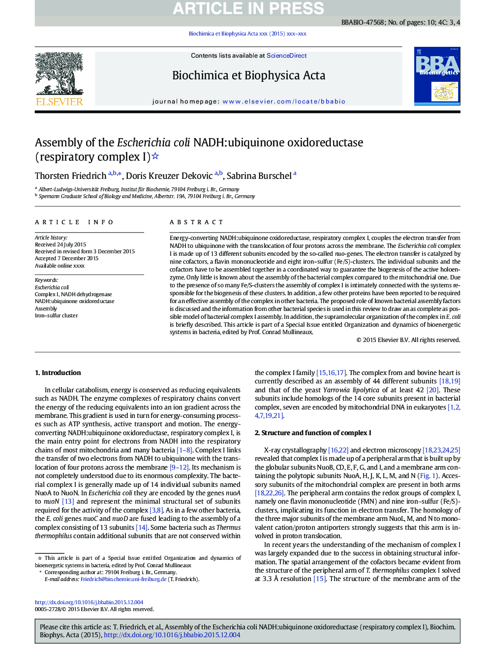 Assembly of the Escherichia coli NADH:ubiquinone oxidoreductase (respiratory complex I)