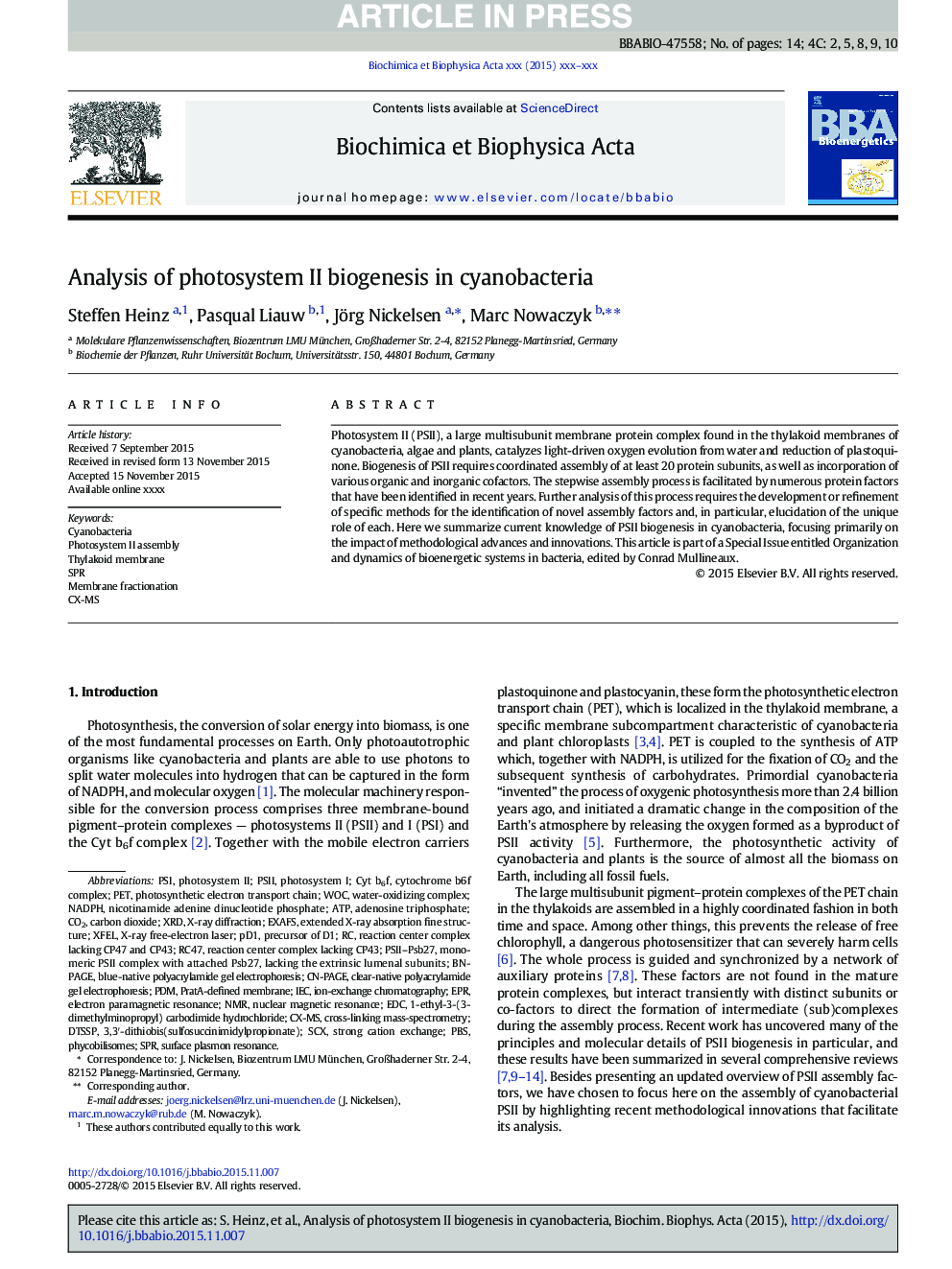 Analysis of photosystem II biogenesis in cyanobacteria