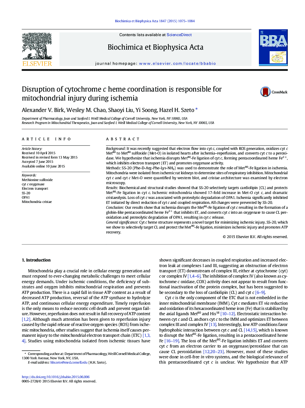 Disruption of cytochrome c heme coordination is responsible for mitochondrial injury during ischemia