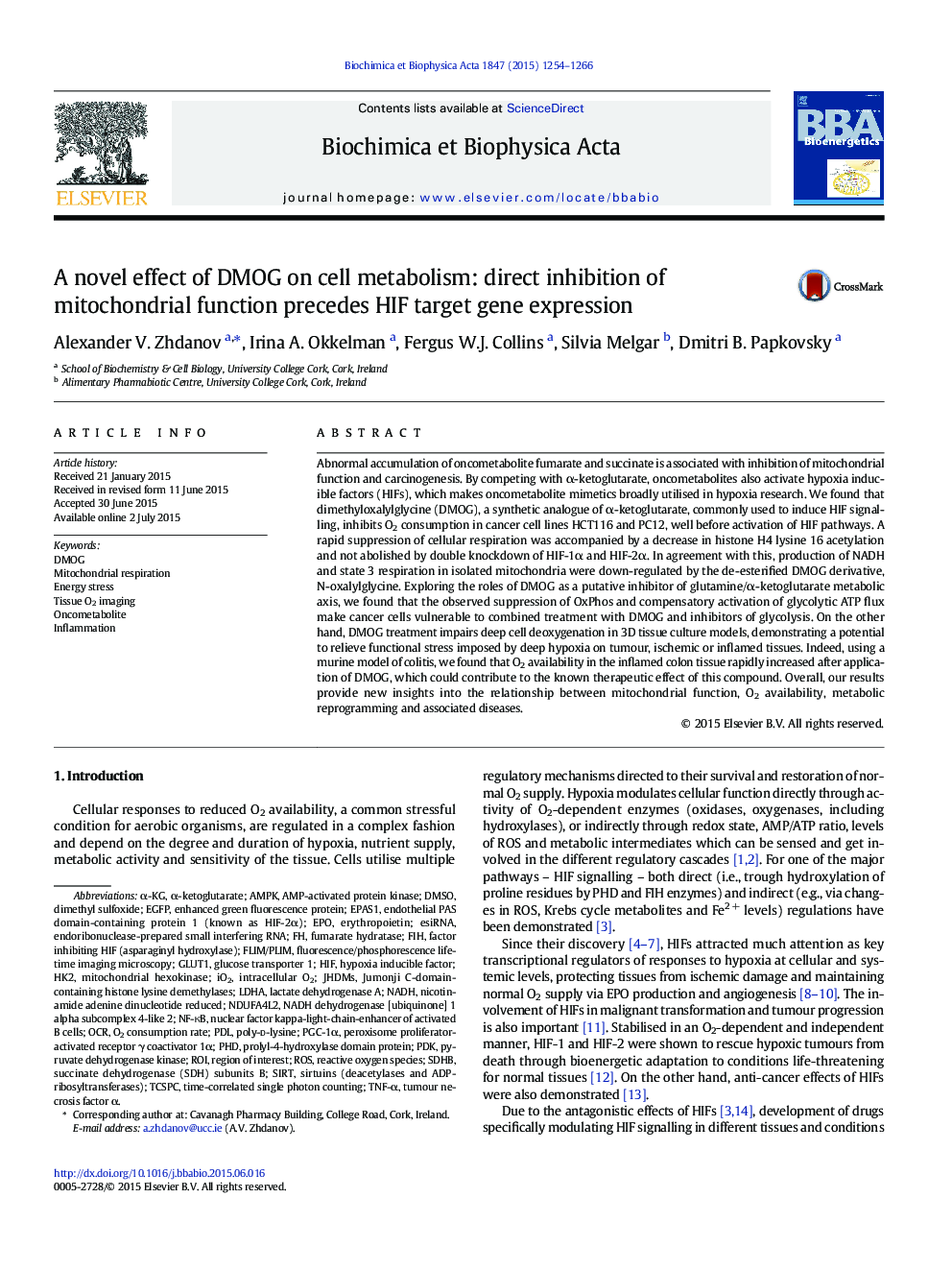 A novel effect of DMOG on cell metabolism: direct inhibition of mitochondrial function precedes HIF target gene expression