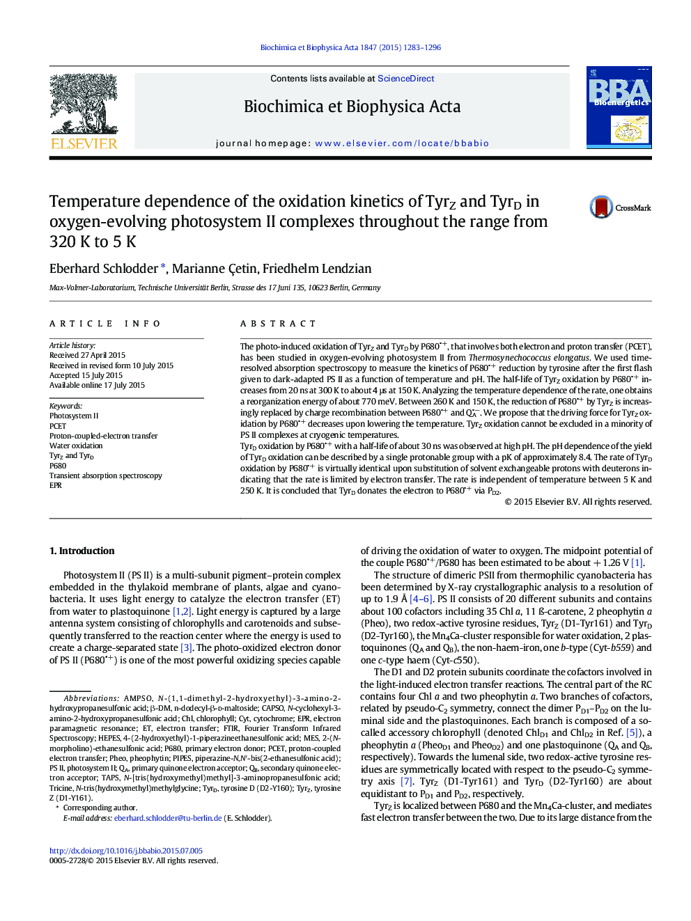 Temperature dependence of the oxidation kinetics of TyrZ and TyrD in oxygen-evolving photosystem II complexes throughout the range from 320Â K to 5Â K