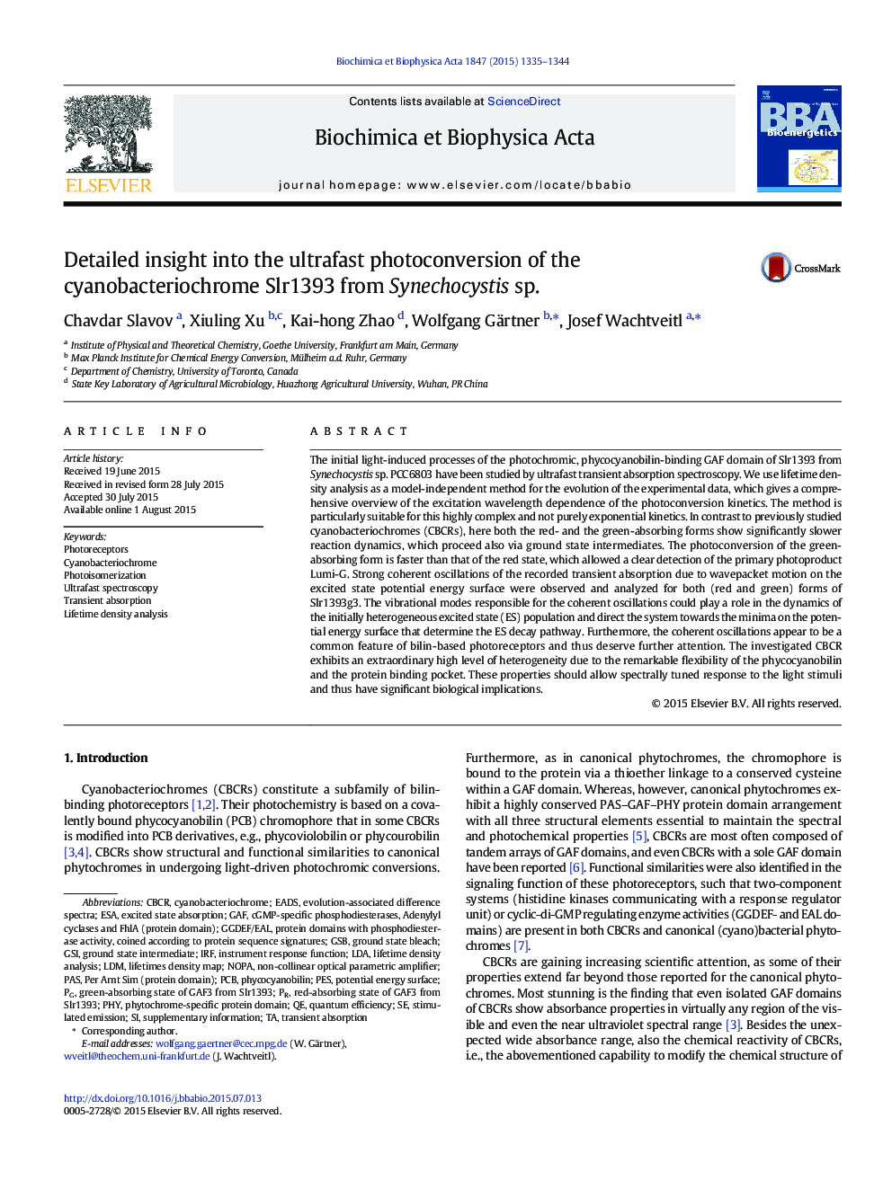 عکس صفحه اول مقاله: Detailed insight into the ultrafast photoconversion of the cyanobacteriochrome Slr1393 from Synechocystis sp. Detailed insight into the ultrafast photoconversion of the cyanobacteriochrome Slr1393 from Synechocystis sp.