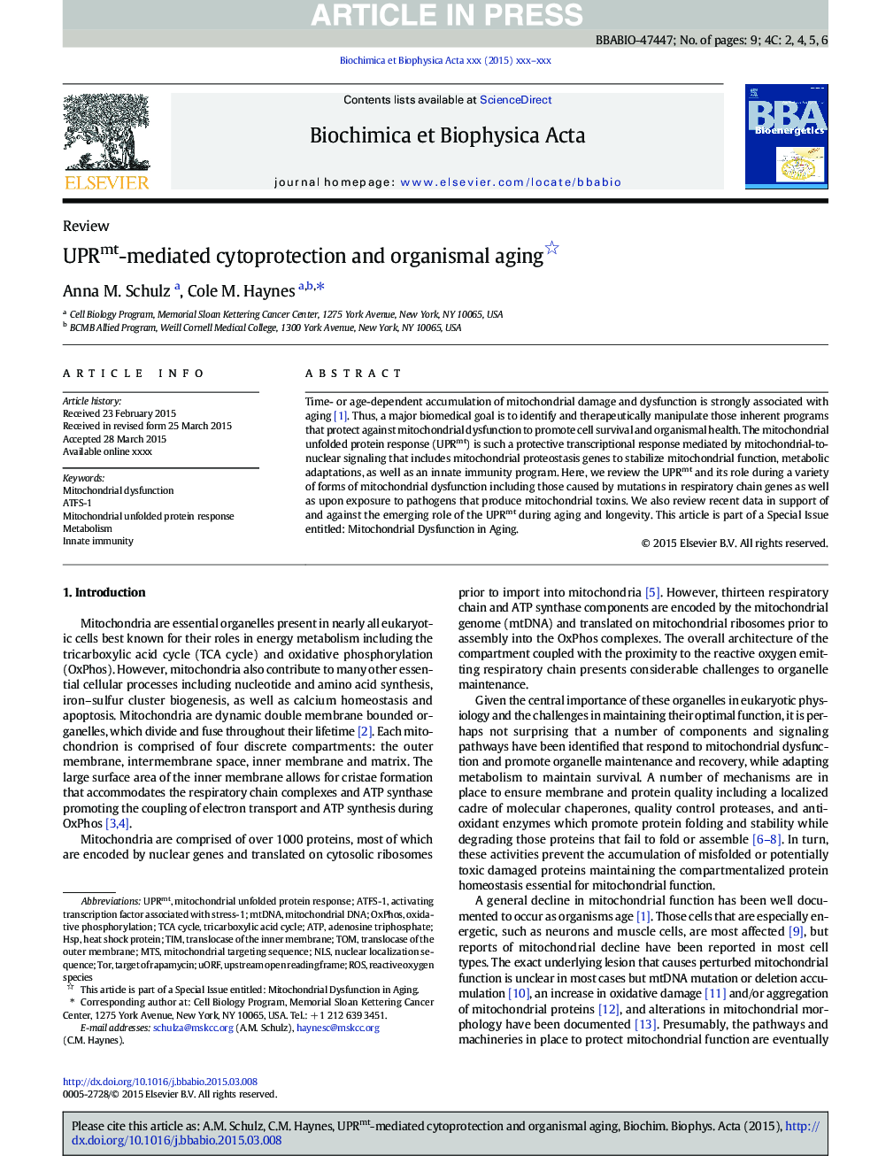 UPRmt-mediated cytoprotection and organismal aging