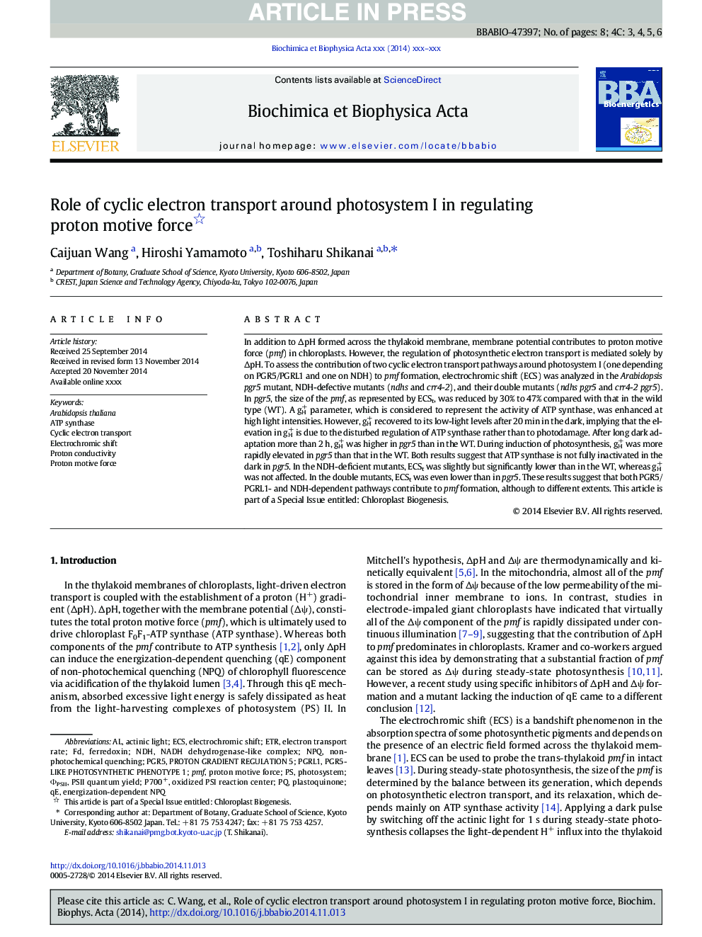 Role of cyclic electron transport around photosystem I in regulating proton motive force