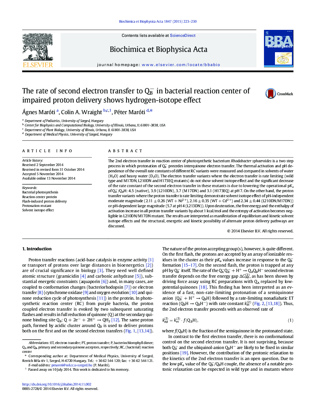 The rate of second electron transfer to QBâ in bacterial reaction center of impaired proton delivery shows hydrogen-isotope effect