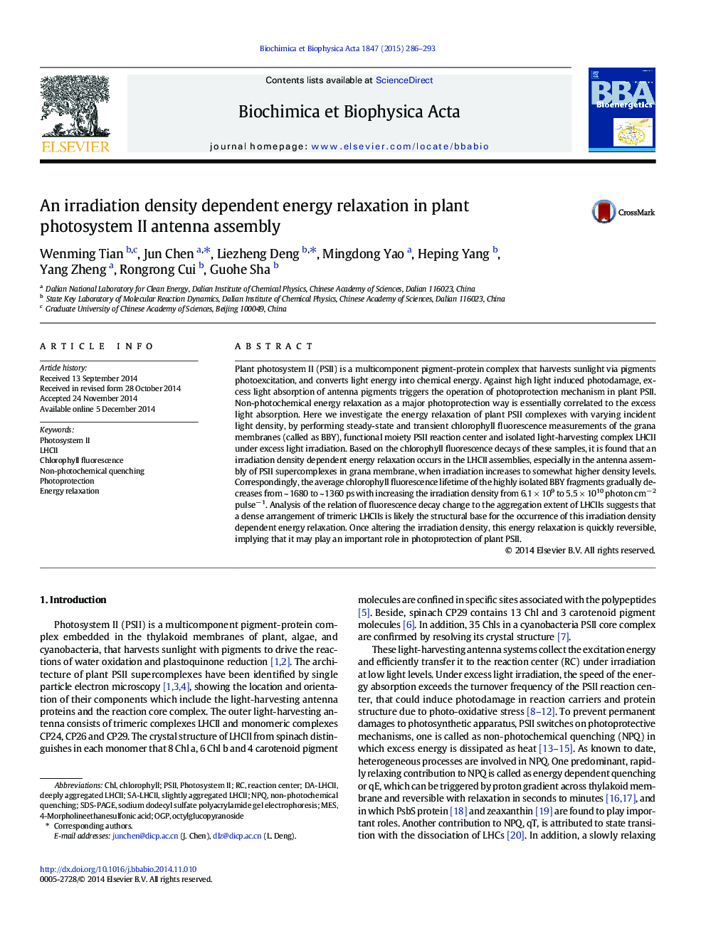 An irradiation density dependent energy relaxation in plant photosystem II antenna assembly