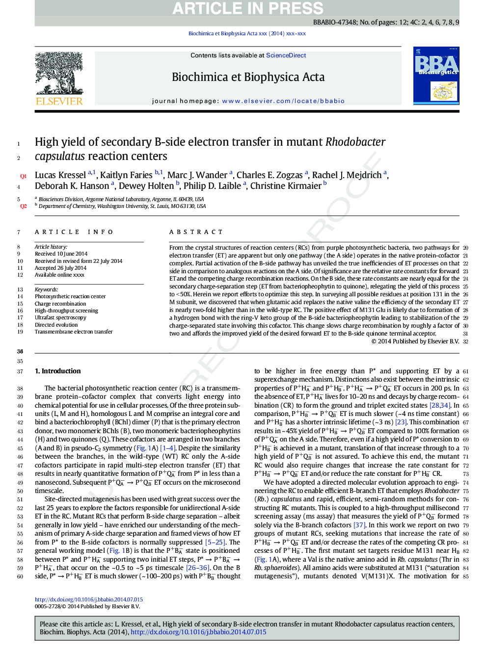 High yield of secondary B-side electron transfer in mutant Rhodobacter capsulatus reaction centers