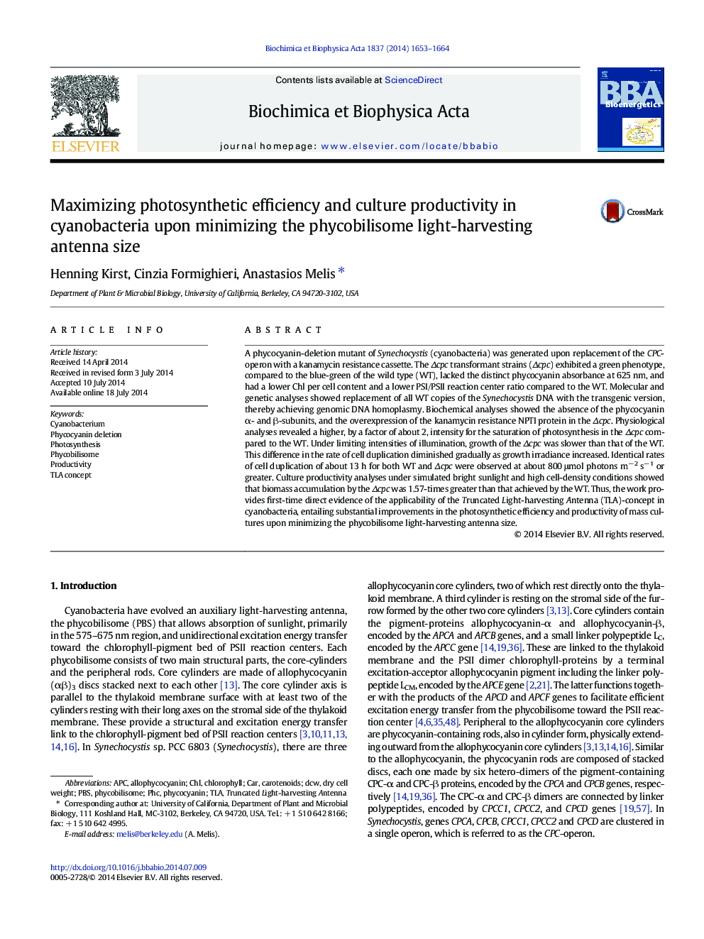 Maximizing photosynthetic efficiency and culture productivity in cyanobacteria upon minimizing the phycobilisome light-harvesting antenna size