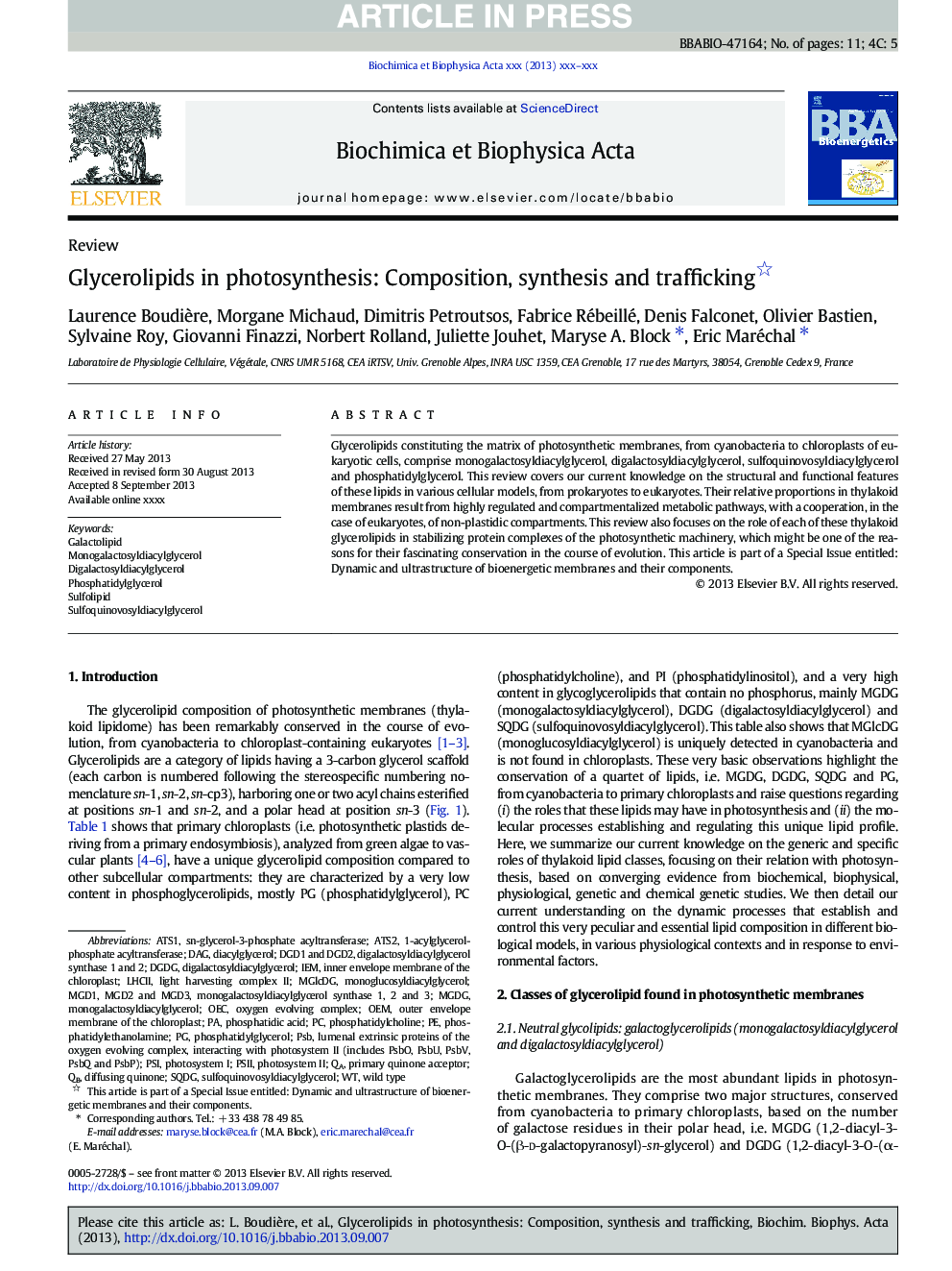 Glycerolipids in photosynthesis: Composition, synthesis and trafficking