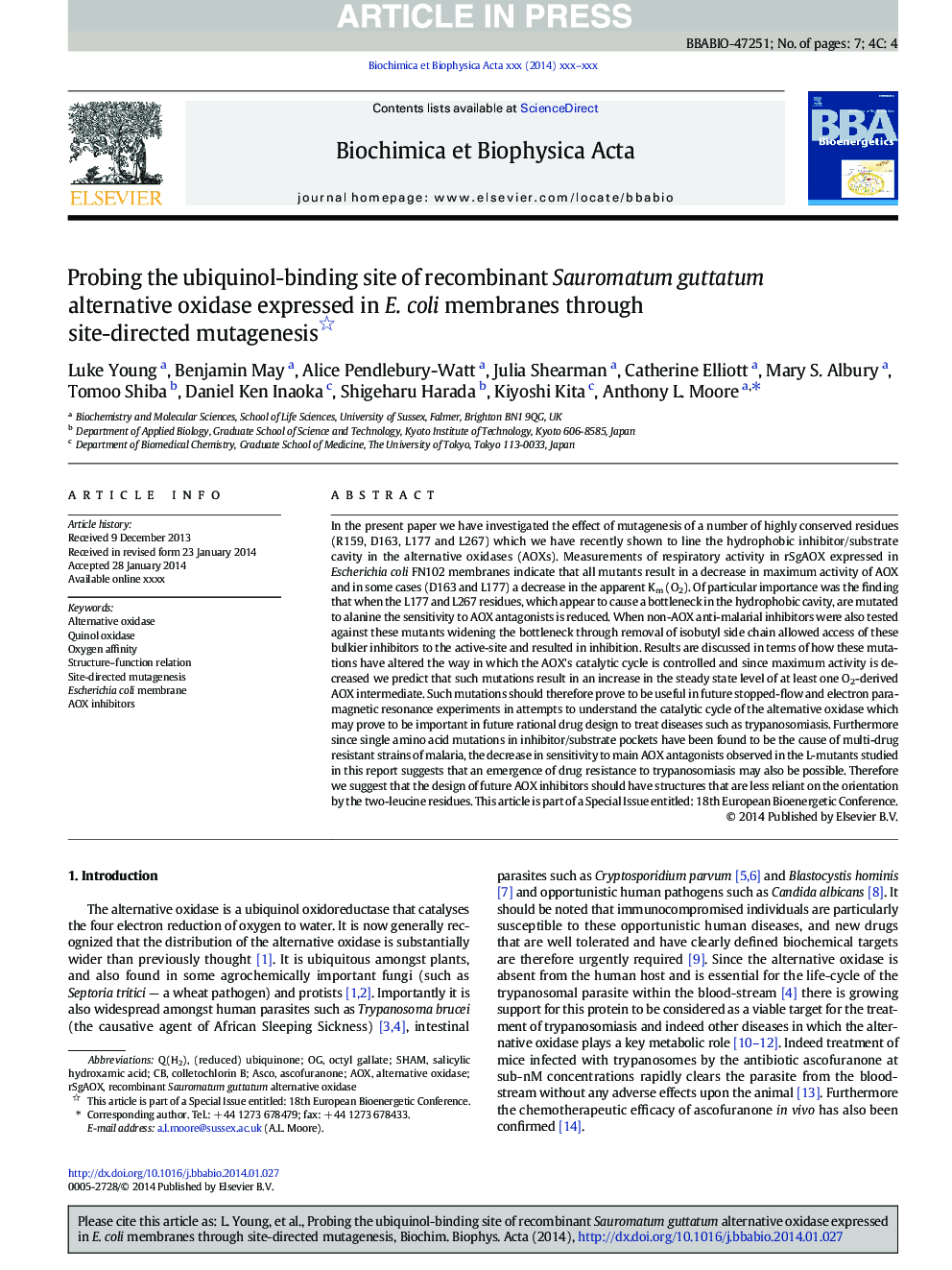 Probing the ubiquinol-binding site of recombinant Sauromatum guttatum alternative oxidase expressed in E. coli membranes through site-directed mutagenesis