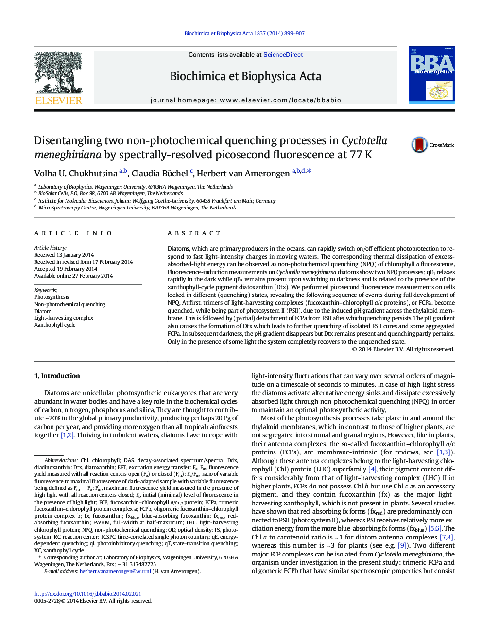 Disentangling two non-photochemical quenching processes in Cyclotella meneghiniana by spectrally-resolved picosecond fluorescence at 77Â K