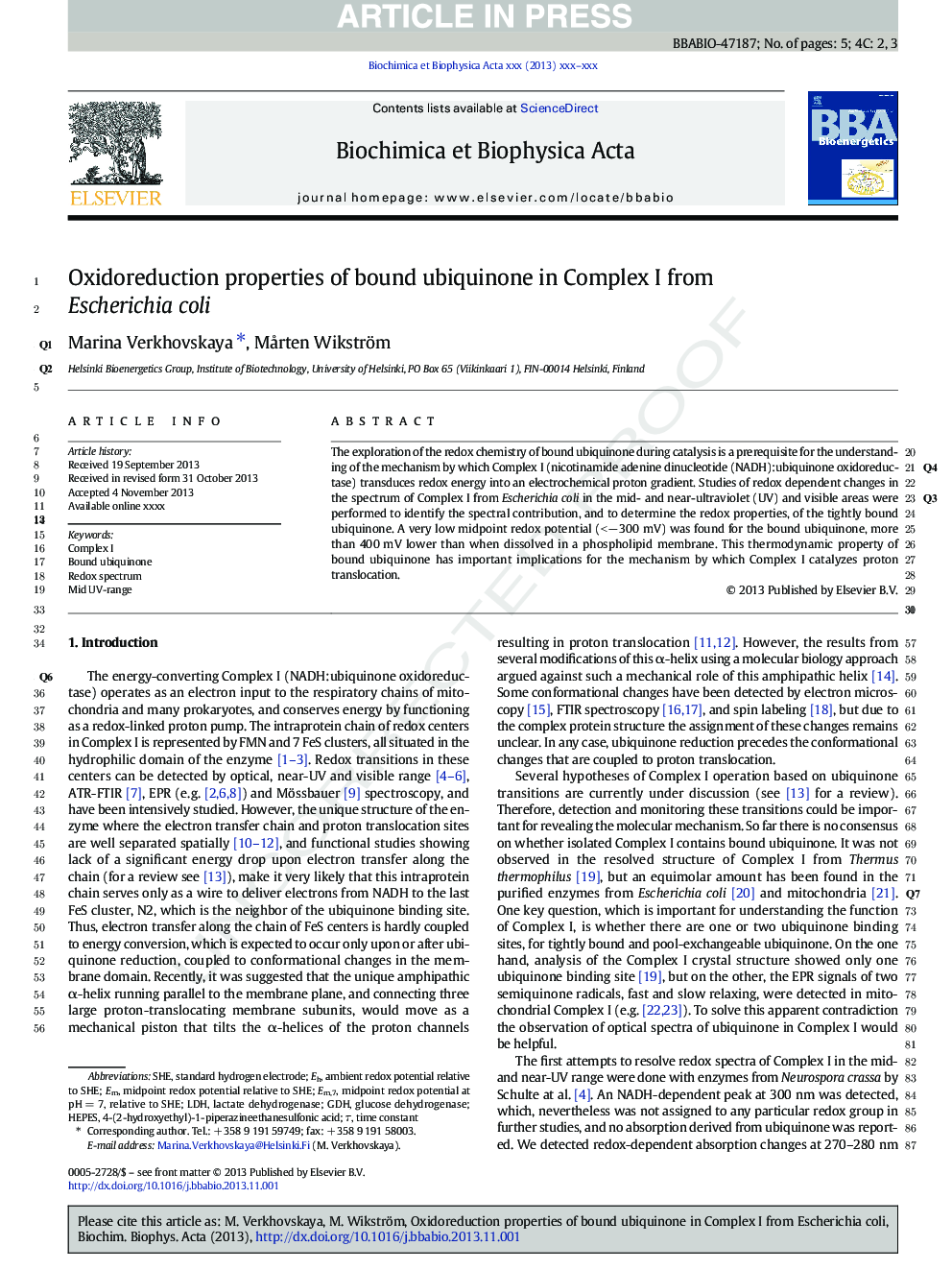 Oxidoreduction properties of bound ubiquinone in Complex I from Escherichia coli