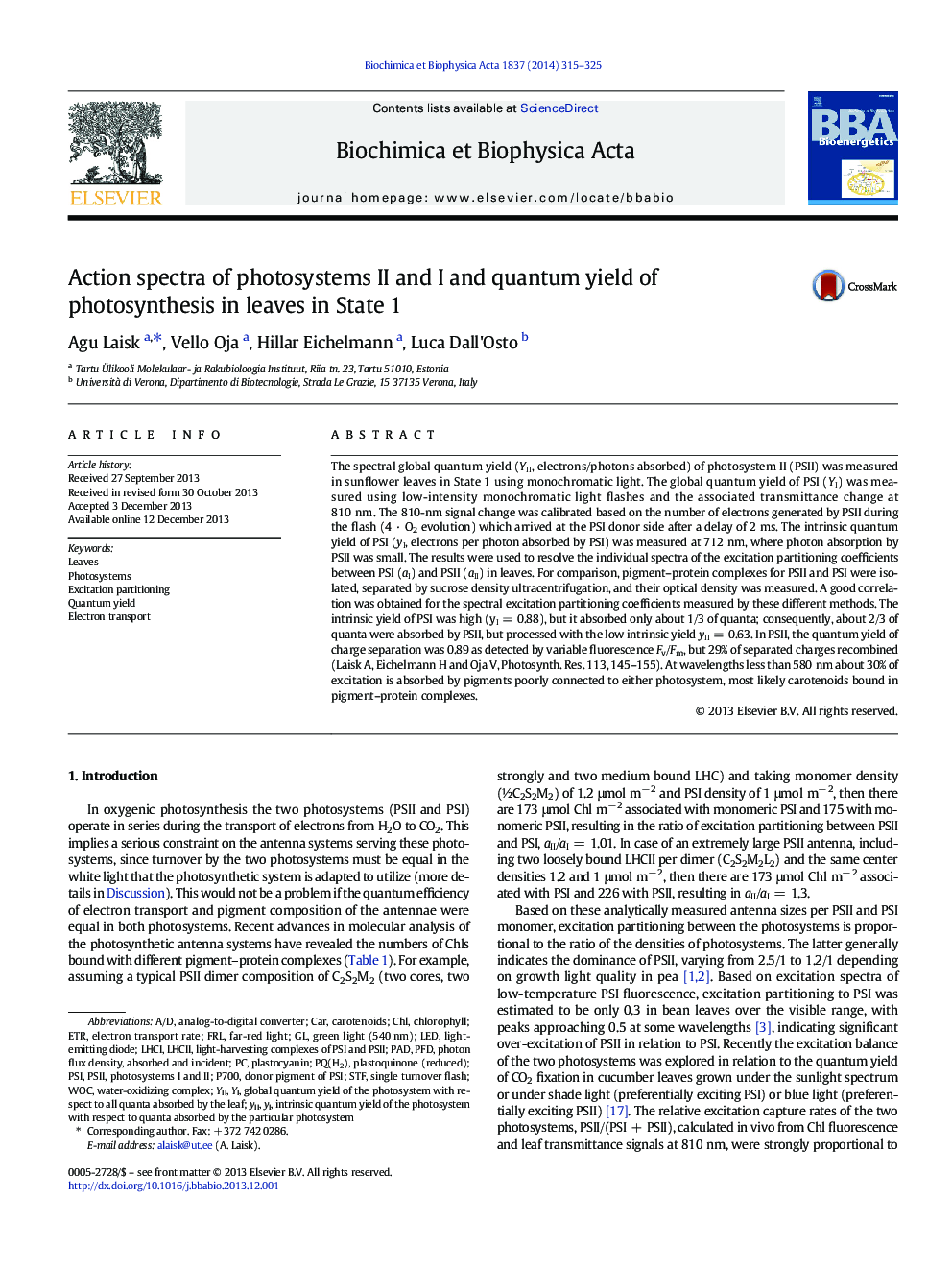 Action spectra of photosystems II and I and quantum yield of photosynthesis in leaves in State 1