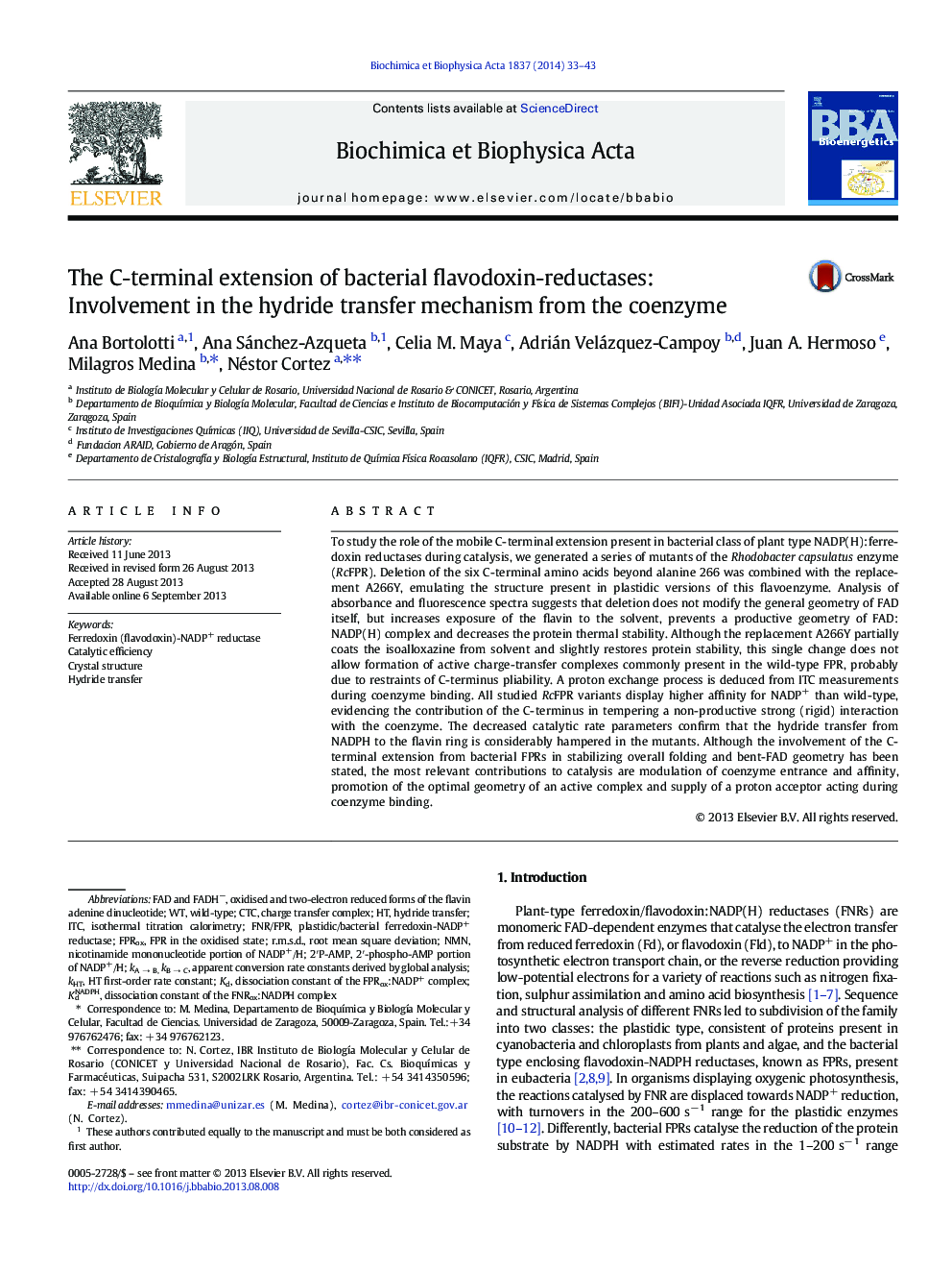 The C-terminal extension of bacterial flavodoxin-reductases: Involvement in the hydride transfer mechanism from the coenzyme