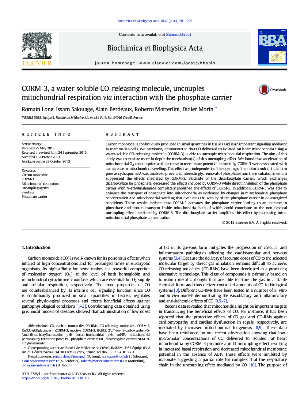 CORM-3, a water soluble CO-releasing molecule, uncouples mitochondrial respiration via interaction with the phosphate carrier