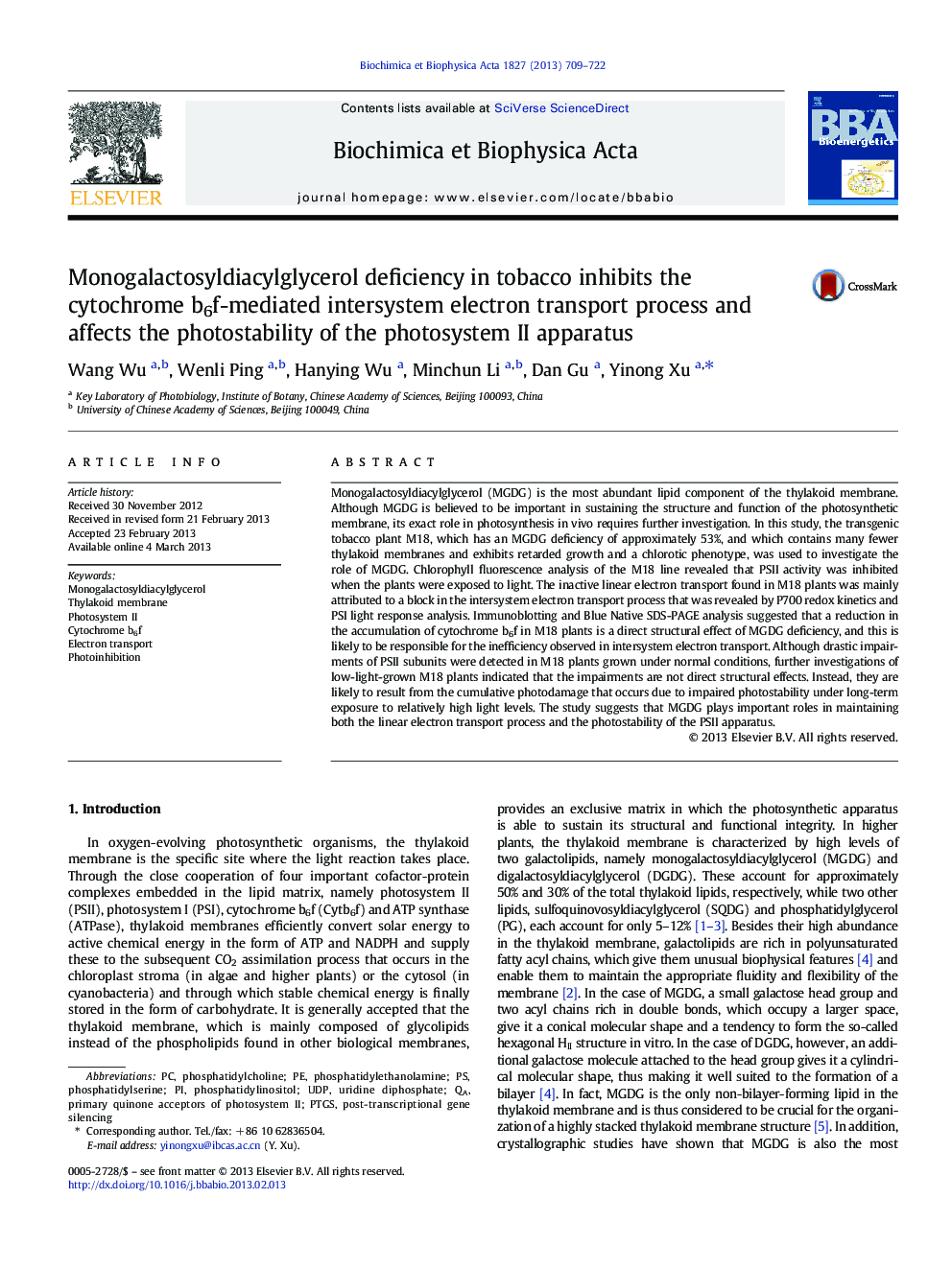 Monogalactosyldiacylglycerol deficiency in tobacco inhibits the cytochrome b6f-mediated intersystem electron transport process and affects the photostability of the photosystem II apparatus