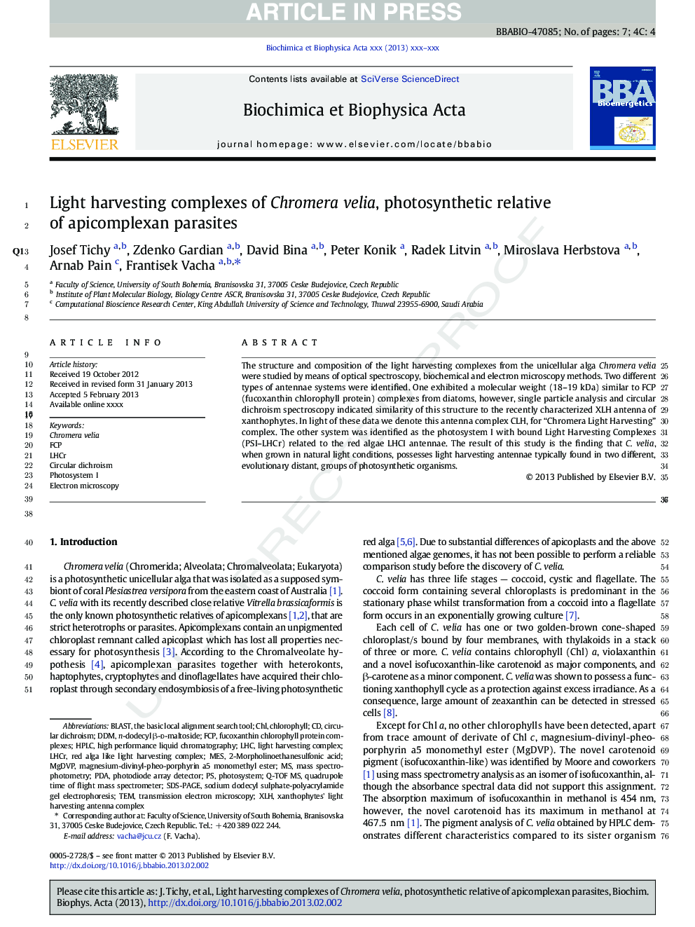 Light harvesting complexes of Chromera velia, photosynthetic relative of apicomplexan parasites