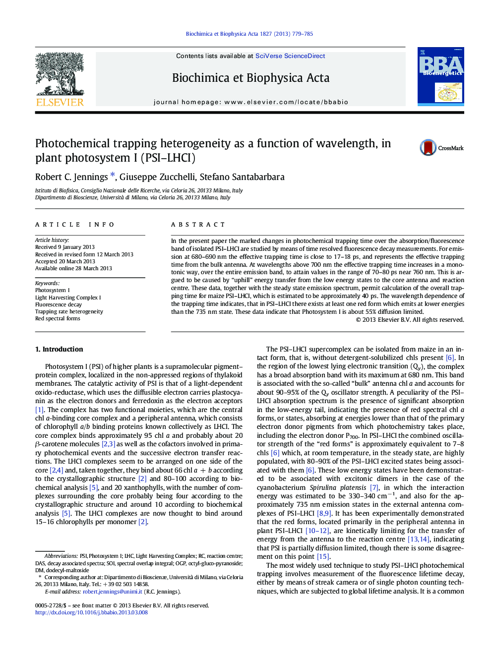 Photochemical trapping heterogeneity as a function of wavelength, in plant photosystem I (PSI-LHCI)