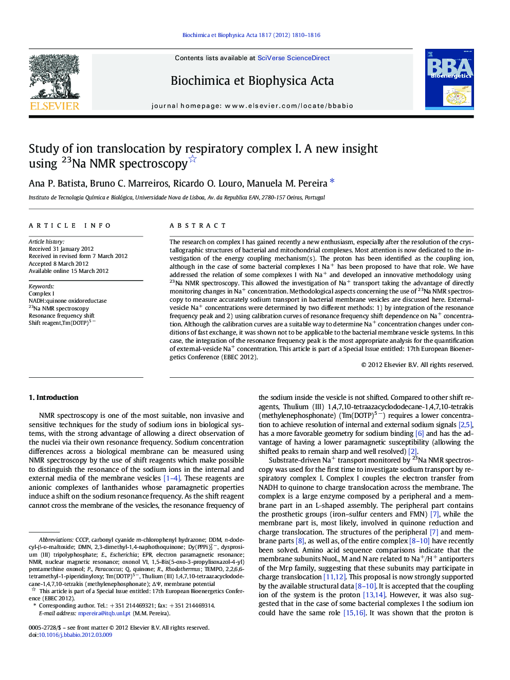 Study of ion translocation by respiratory complex I. A new insight using 23Na NMR spectroscopy