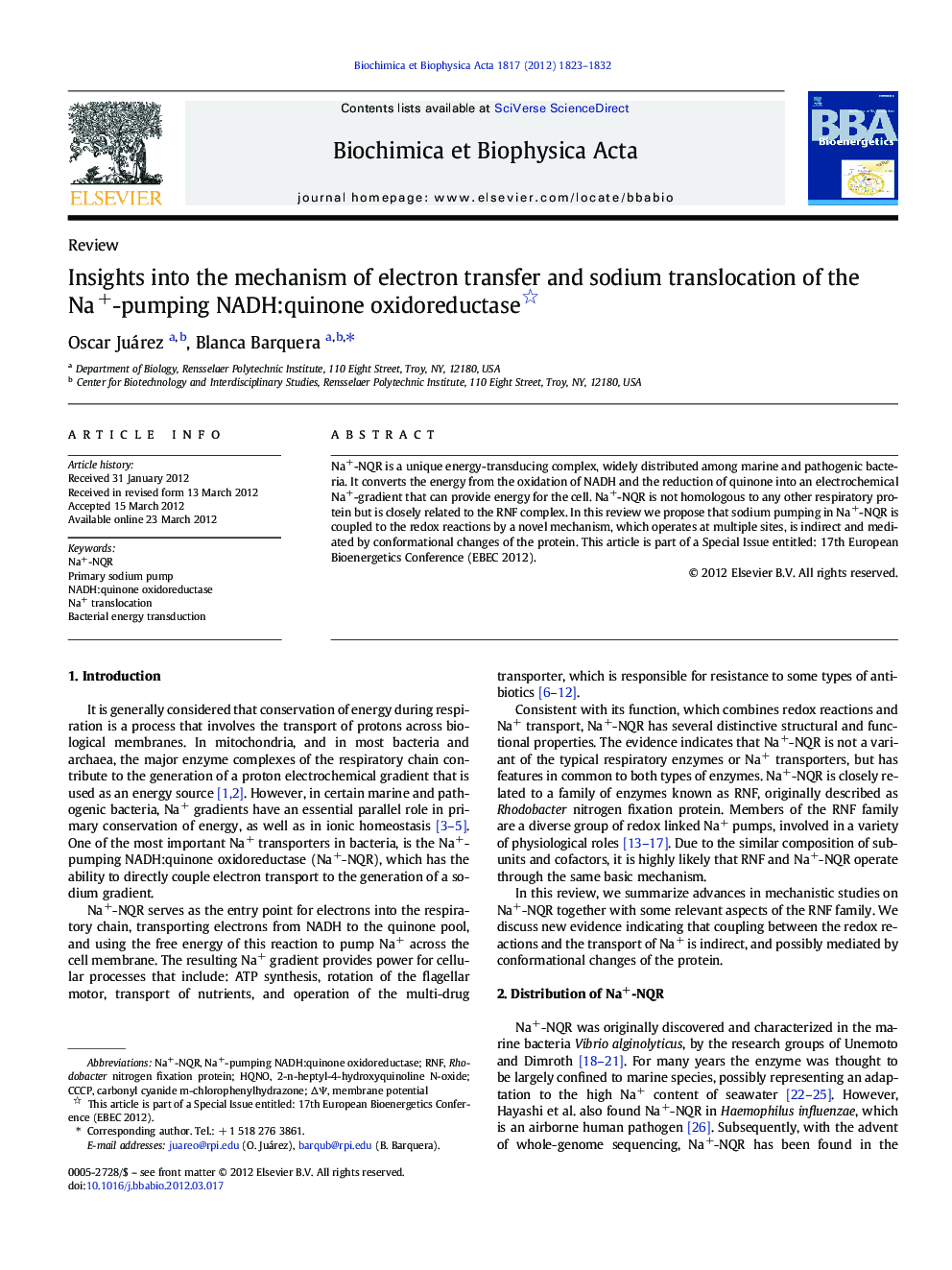 Insights into the mechanism of electron transfer and sodium translocation of the Na+-pumping NADH:quinone oxidoreductase