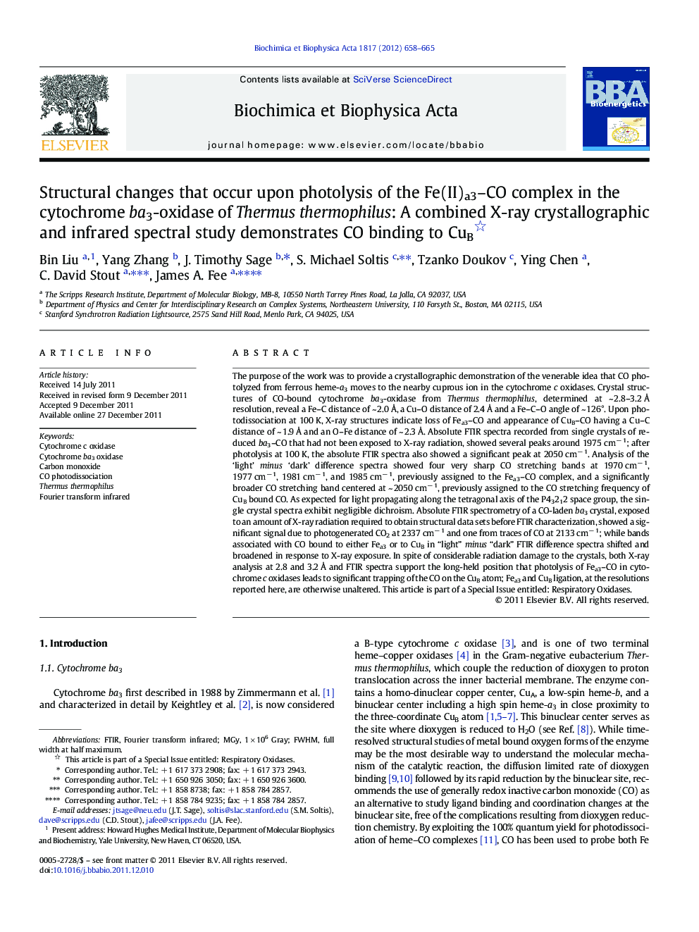 Structural changes that occur upon photolysis of the Fe(II)a3-CO complex in the cytochrome ba3-oxidase of Thermus thermophilus: A combined X-ray crystallographic and infrared spectral study demonstrates CO binding to CuB