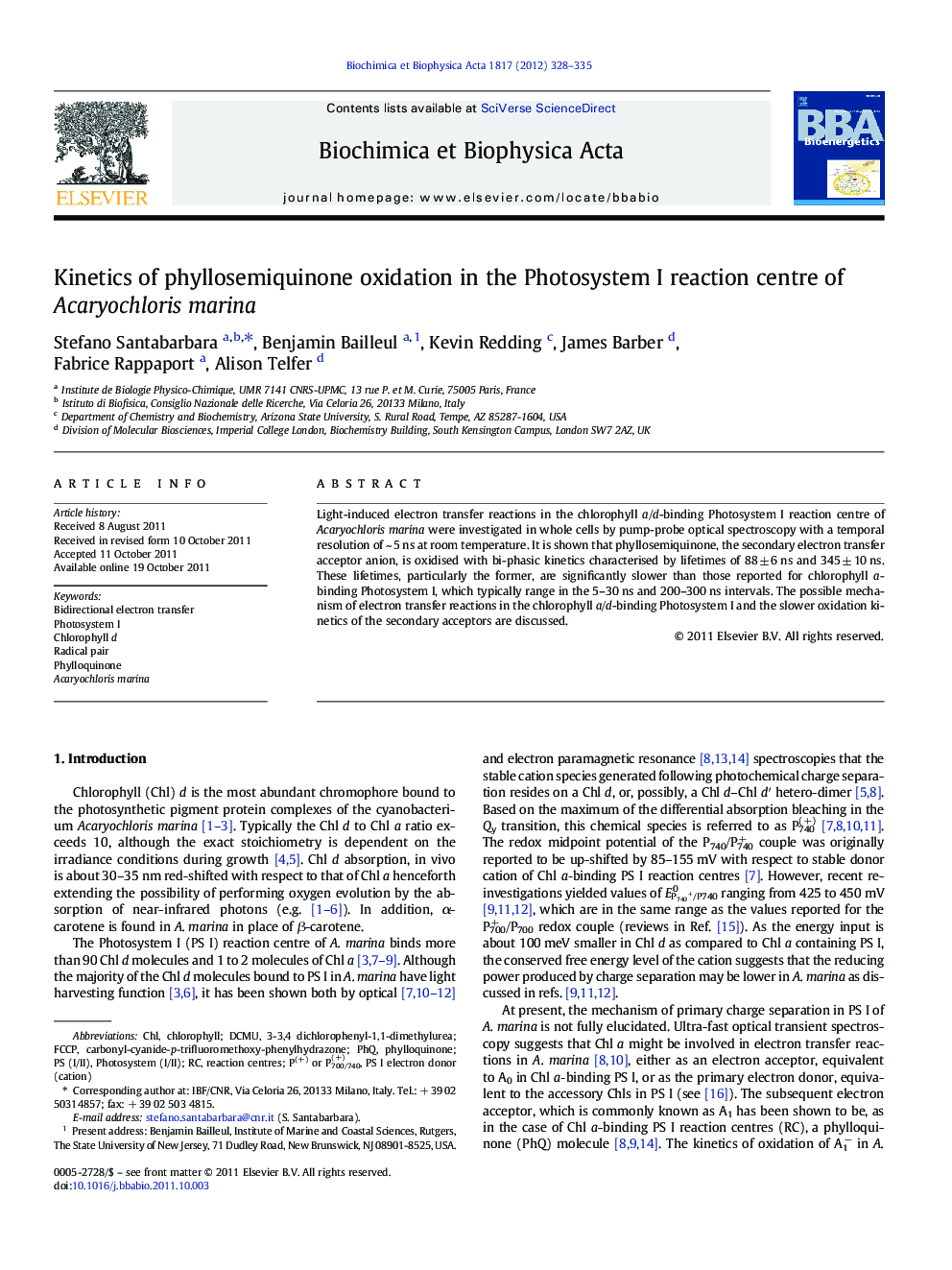 Kinetics of phyllosemiquinone oxidation in the Photosystem I reaction centre of Acaryochloris marina