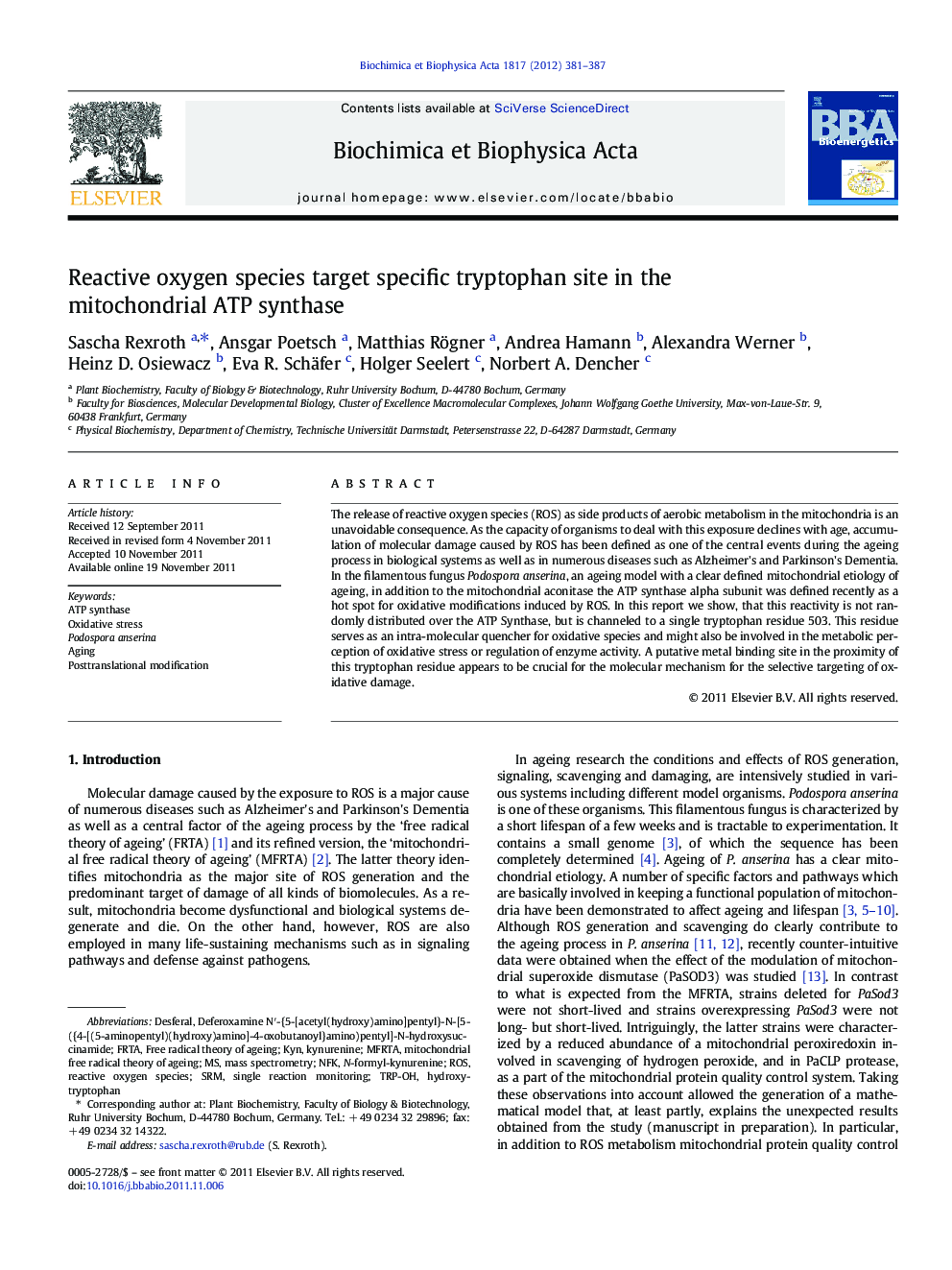 Reactive oxygen species target specific tryptophan site in the mitochondrial ATP synthase