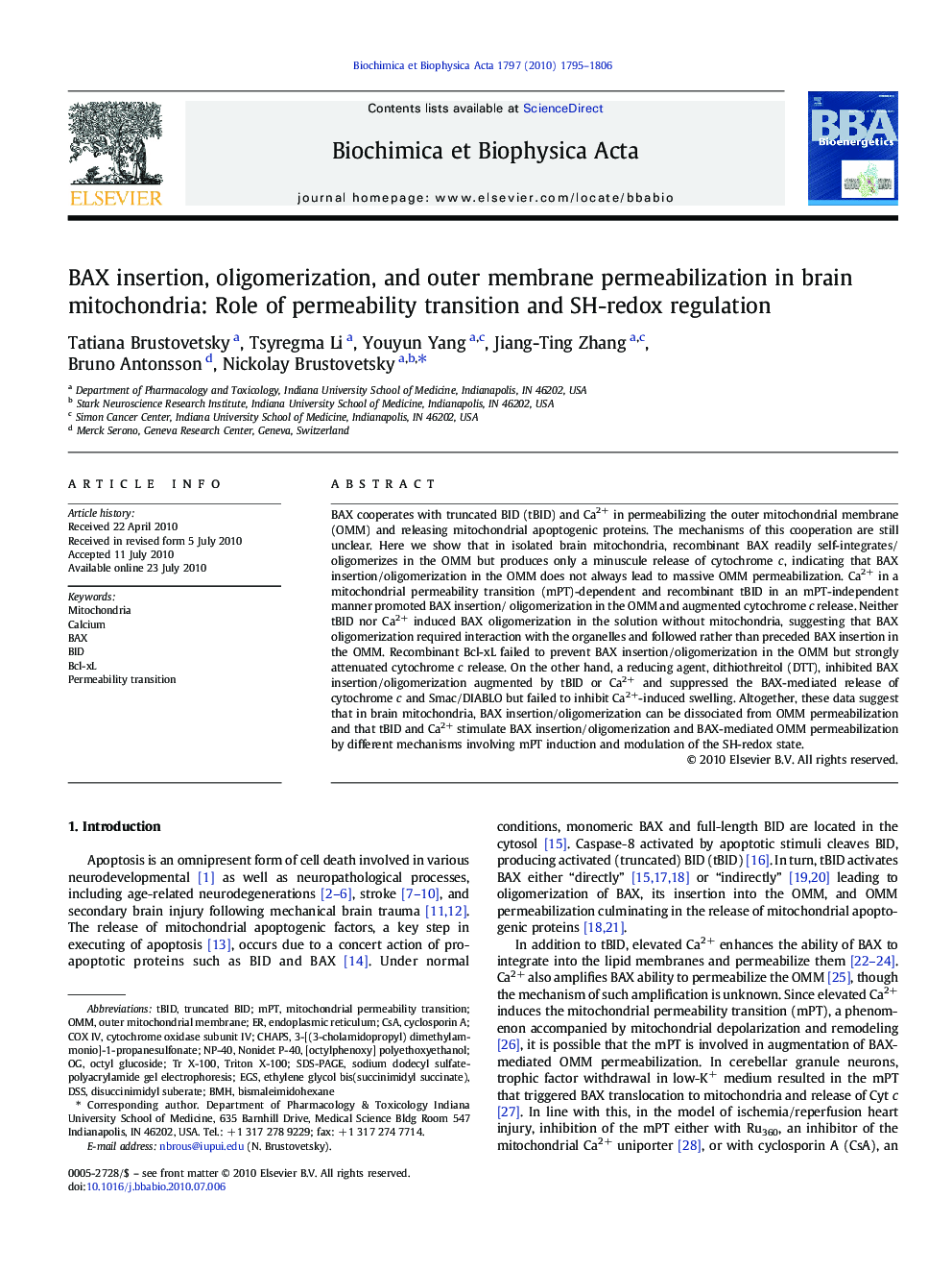 BAX insertion, oligomerization, and outer membrane permeabilization in brain mitochondria: Role of permeability transition and SH-redox regulation