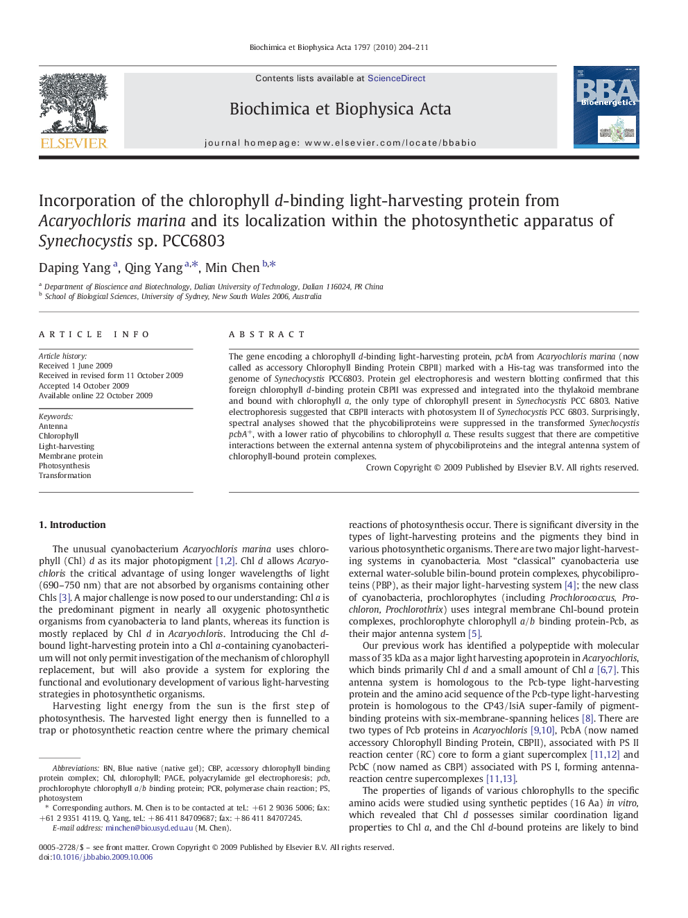 Incorporation of the chlorophyll d-binding light-harvesting protein from Acaryochloris marina and its localization within the photosynthetic apparatus of Synechocystis sp. PCC6803