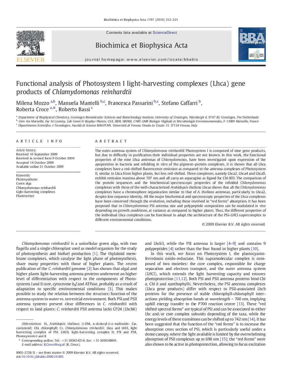 Functional analysis of Photosystem I light-harvesting complexes (Lhca) gene products of Chlamydomonas reinhardtii