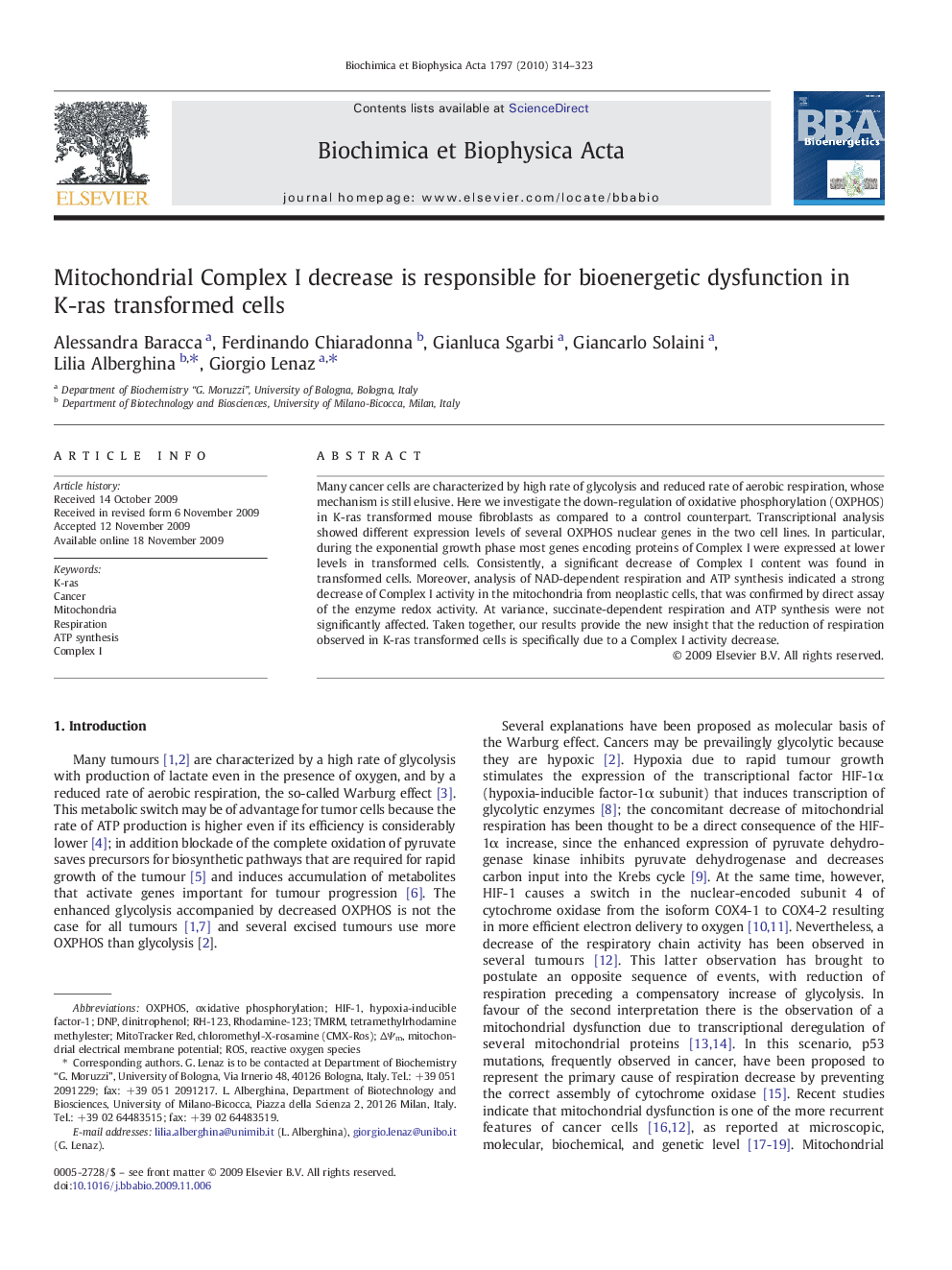 Mitochondrial Complex I decrease is responsible for bioenergetic dysfunction in K-ras transformed cells