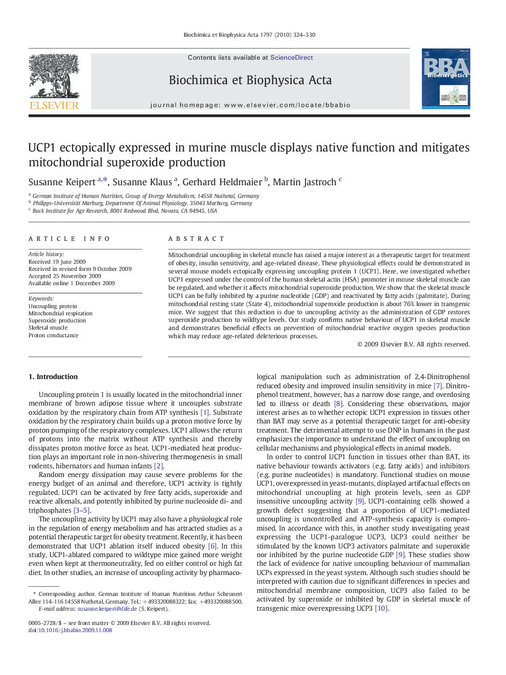 UCP1 ectopically expressed in murine muscle displays native function and mitigates mitochondrial superoxide production