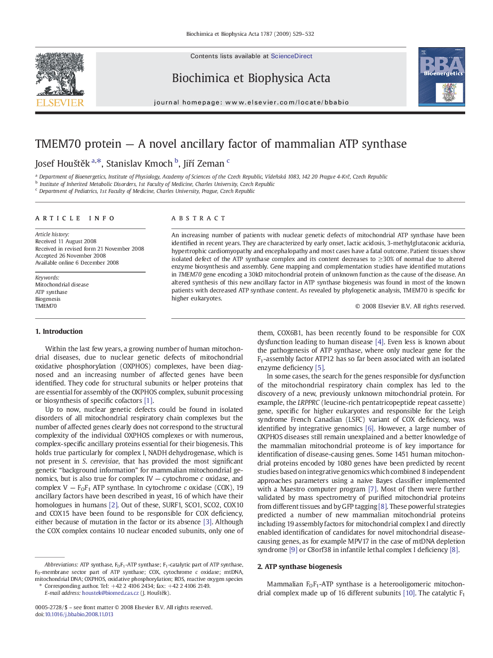 TMEM70 protein - A novel ancillary factor of mammalian ATP synthase