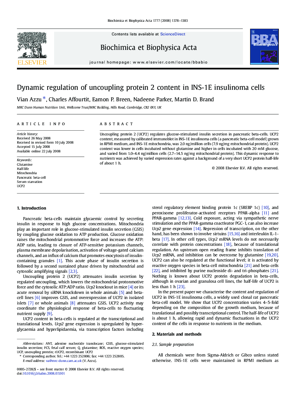 Dynamic regulation of uncoupling protein 2 content in INS-1E insulinoma cells