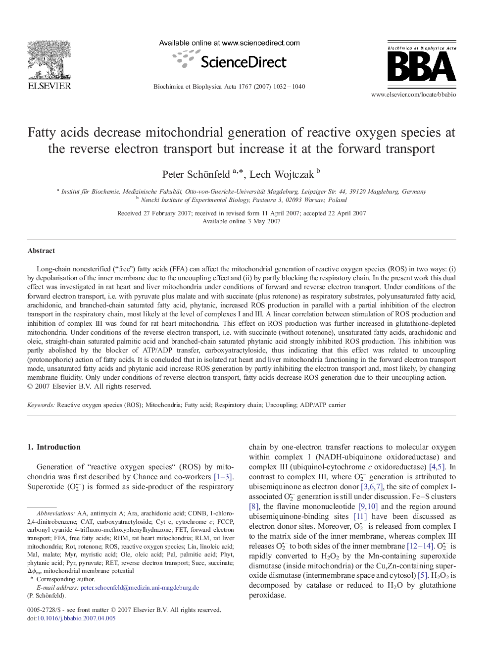 Fatty acids decrease mitochondrial generation of reactive oxygen species at the reverse electron transport but increase it at the forward transport