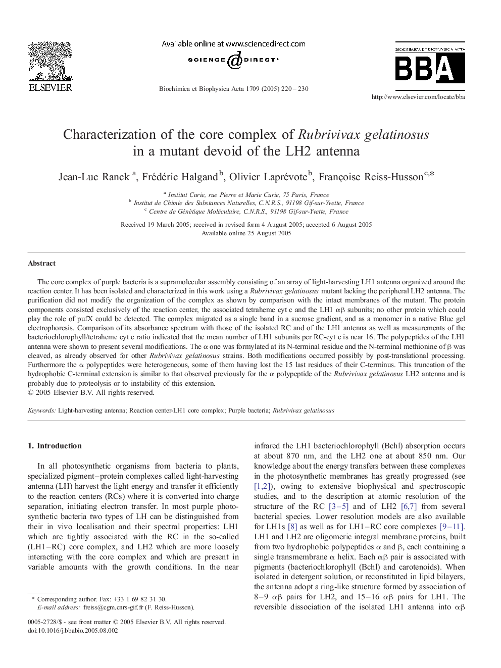 Characterization of the core complex of Rubrivivax gelatinosus in a mutant devoid of the LH2 antenna