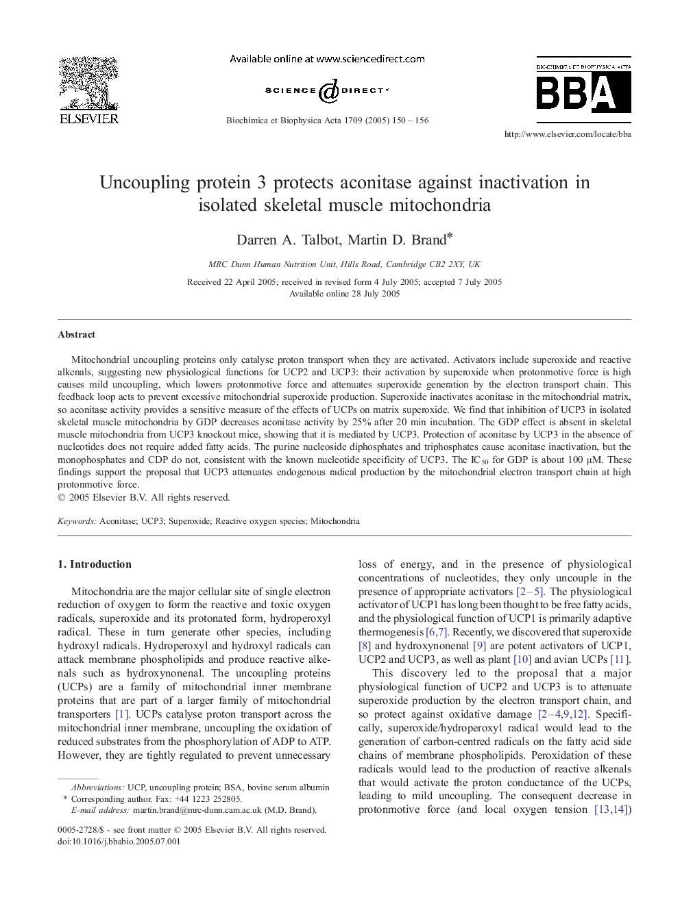 Uncoupling protein 3 protects aconitase against inactivation in isolated skeletal muscle mitochondria