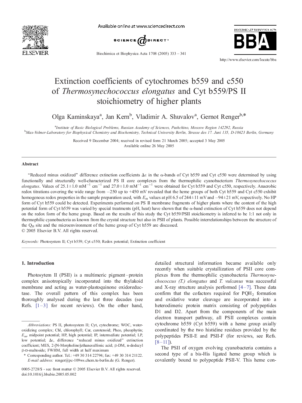 Extinction coefficients of cytochromes b559 and c550 of Thermosynechococcus elongatus and Cyt b559/PS II stoichiometry of higher plants