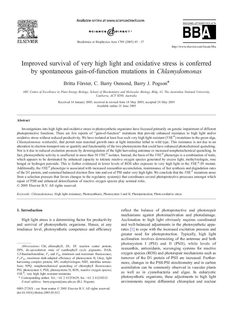 Improved survival of very high light and oxidative stress is conferred by spontaneous gain-of-function mutations in Chlamydomonas