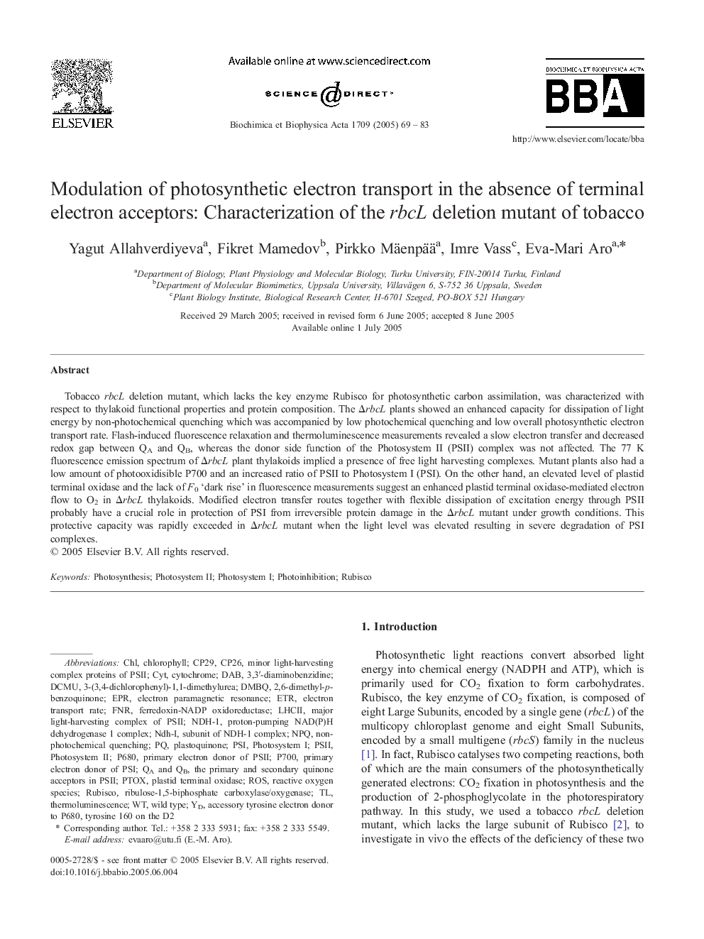 Modulation of photosynthetic electron transport in the absence of terminal electron acceptors: Characterization of the rbcL deletion mutant of tobacco