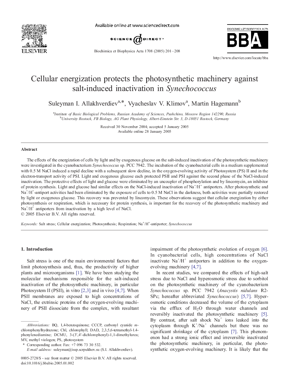 Cellular energization protects the photosynthetic machinery against salt-induced inactivation in Synechococcus