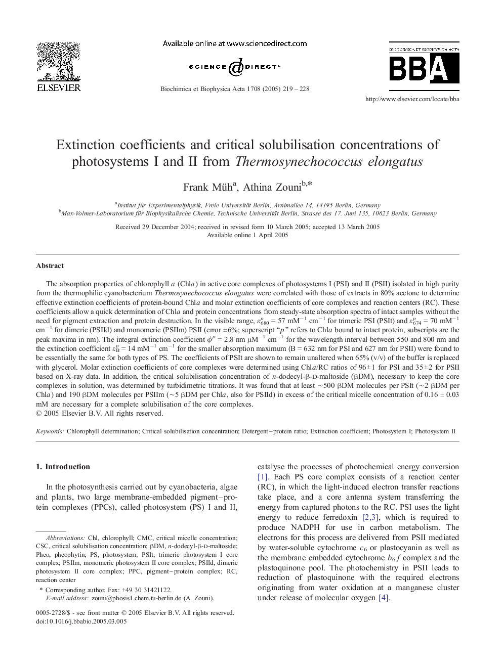 Extinction coefficients and critical solubilisation concentrations of photosystems I and II from Thermosynechococcus elongatus