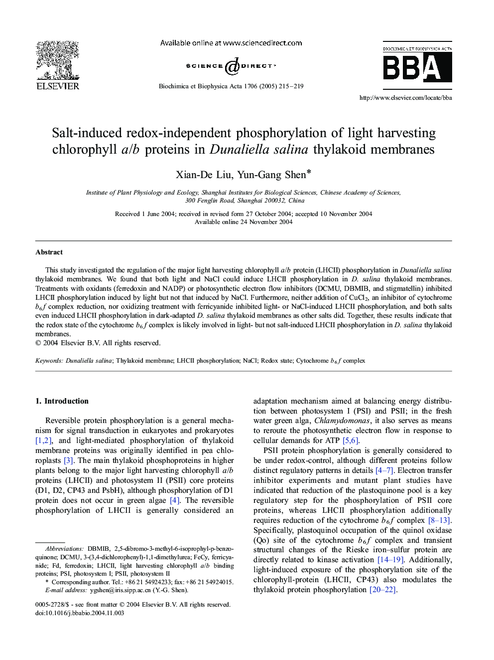 Salt-induced redox-independent phosphorylation of light harvesting chlorophyll a/b proteins in Dunaliella salina thylakoid membranes